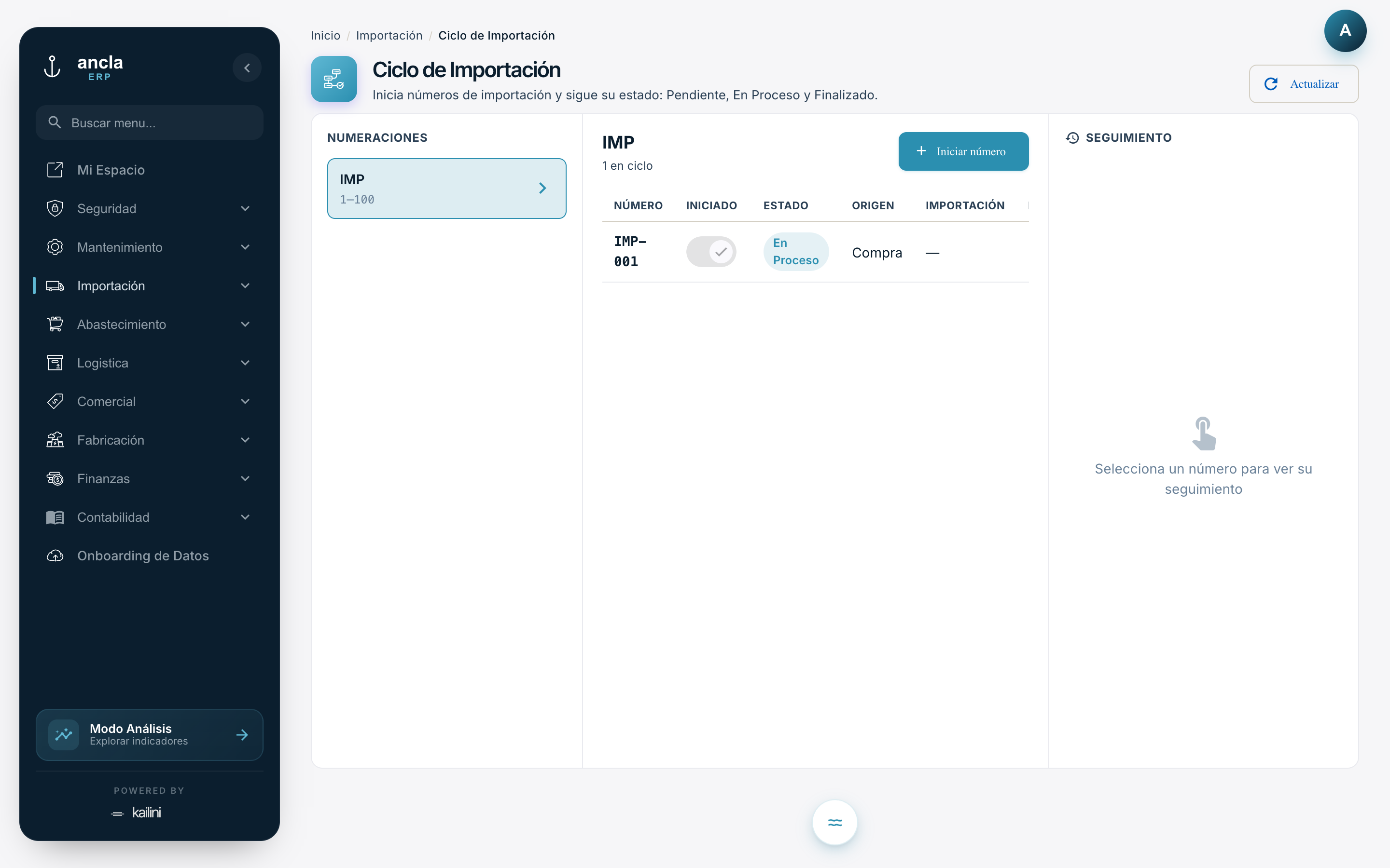 Pantalla real del módulo de Importación en Ancla ERP: ciclos de importación con sus etapas y costos.